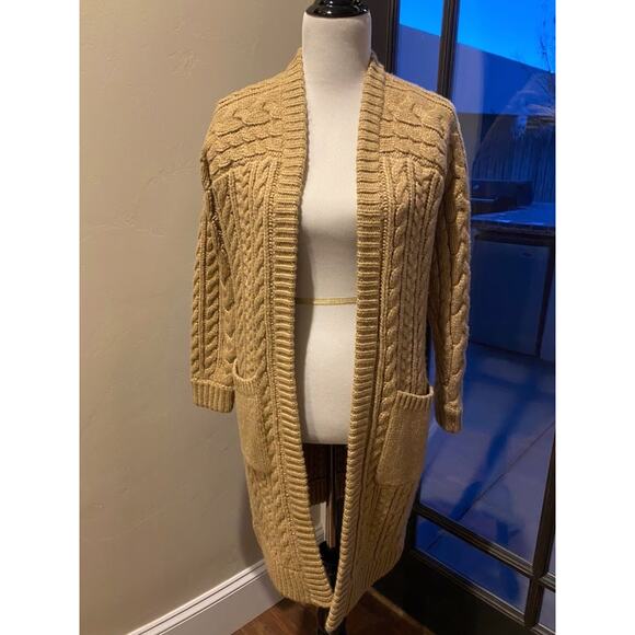 Michael Kors Women’s Cable Knit Cardigan Sweater Size M Khaki Tan Open Front - Picture 1 of 10